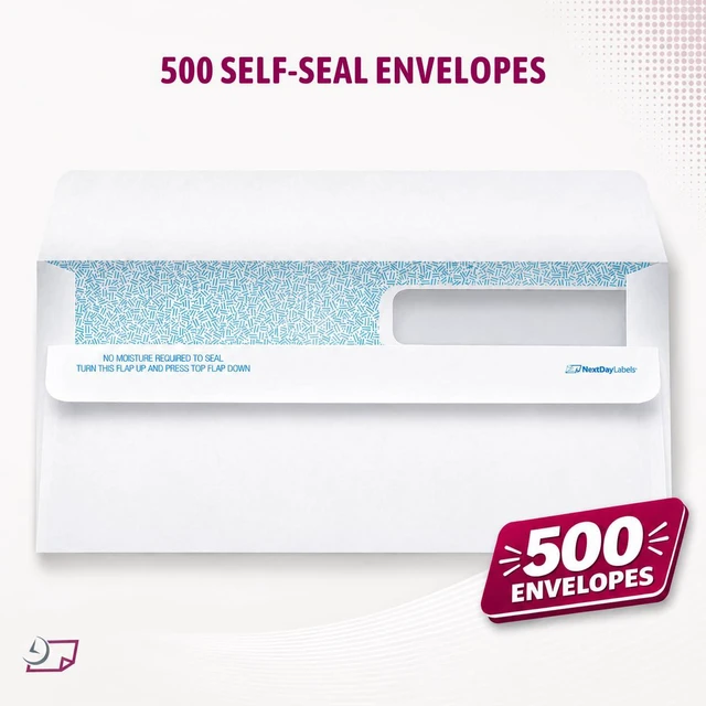 Alt view image 6 of 7 - #9 Double Window Check Envelopes, Made in USA, 500 Pack Ready-Seal Security Tinted Envelopes for QuickBooks, Sage 100, Blackbaud Checks, Self-Sealing Laser-Compatible, Quicken