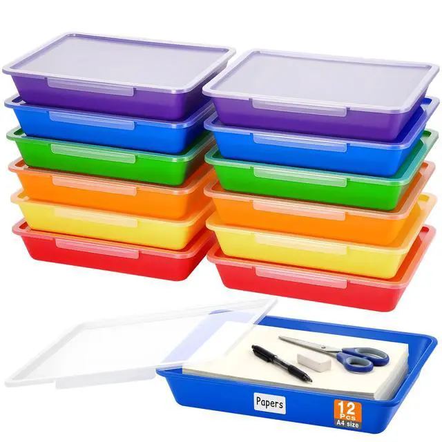 Main image of 12 Pcs Classroom Paper Storage Bins with Clear Latching Lids Labels, Letter Size Stackable Flat Trays Container Paper Organizer for Teacher Back to School Office Arts Crafts (Rainbow,13x10in)