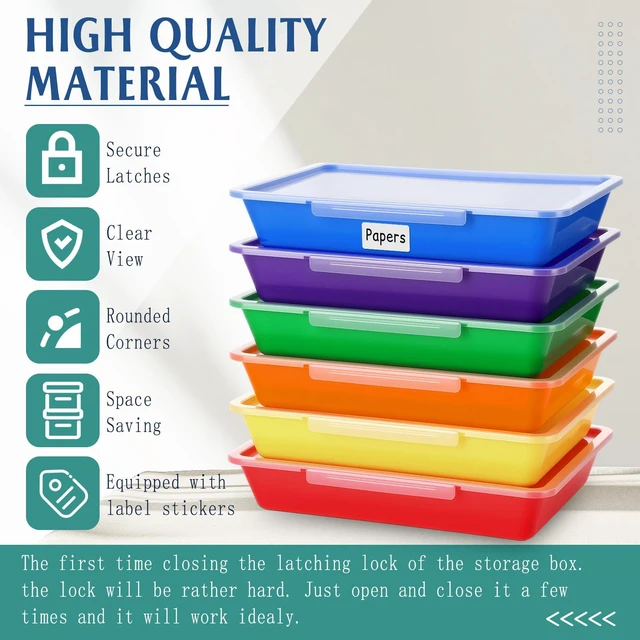 Alt view image 3 of 6 - 12 Pcs Classroom Paper Storage Bins with Clear Latching Lids Labels, Letter Size Stackable Flat Trays Container Paper Organizer for Teacher Back to School Office Arts Crafts (Rainbow,13x10in)