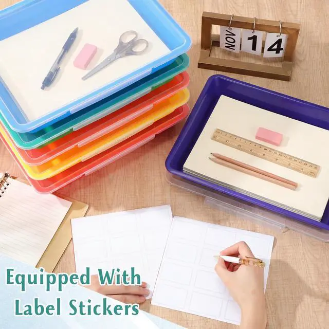 Alt view image 5 of 6 - 12 Pcs Classroom Paper Storage Bins with Clear Latching Lids Labels, Letter Size Stackable Flat Trays Container Paper Organizer for Teacher Back to School Office Arts Crafts (Rainbow,13x10in)