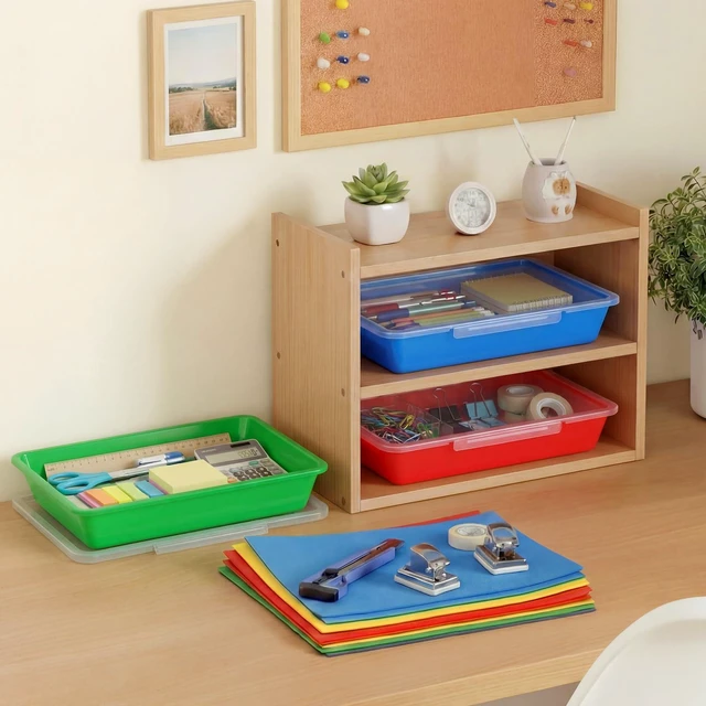 Alt view image 6 of 6 - 12 Pcs Classroom Paper Storage Bins with Clear Latching Lids Labels, Letter Size Stackable Flat Trays Container Paper Organizer for Teacher Back to School Office Arts Crafts (Rainbow,13x10in)