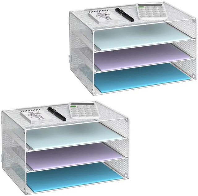 Main image of 3 Tier Letter Tray Paper Organizer with Sliding Trays 2 Pack White Metal Mesh File Organizer with Sliding Trays for Letter and A4 Paper, Mail, Bills, Folders and Office Documents