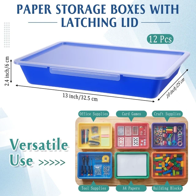 Alt view image 2 of 6 - 12 Pcs Classroom Paper Storage Bins with Clear Latching Lids Labels, Letter Size Stackable Flat Trays Container Paper Organizer for Teacher Back to School Office Arts Crafts (Rainbow,13x10in)