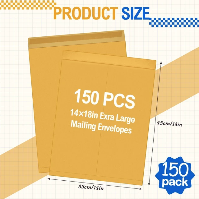Alt view image 2 of 6 - 150 Pcs 14'' x 18'' Large Mailing Envelopes with Gummed Flaps 32lb Catalog Jumbo Kraft Envelopes, Legal Size for Mailing Storage and Organizing Documents Office Supplies