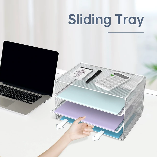 Alt view image 2 of 6 - 3 Tier Letter Tray Paper Organizer with Sliding Trays 2 Pack White Metal Mesh File Organizer with Sliding Trays for Letter and A4 Paper, Mail, Bills, Folders and Office Documents