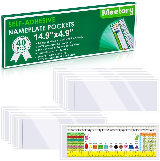 Main image of 40 PCS Nameplate Pocket - 14.9" x 4.9" Self Adhesive Desk Nameplates Name Tag- Pocket, No Residue Clear Plastic View Name Tag- Sleeves for Classroom Desk, Office Supplies