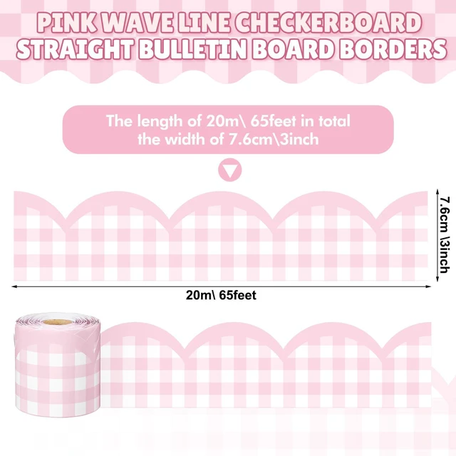 Alt view image 2 of 6 - 65ft Pink Gingham Bulletin Board Border Pastel Scalloped Bulletin Board Trim Back to School Classrooms Decoration for Party Whiteboard, Walls, Desks, Windows, Doors, Lockers