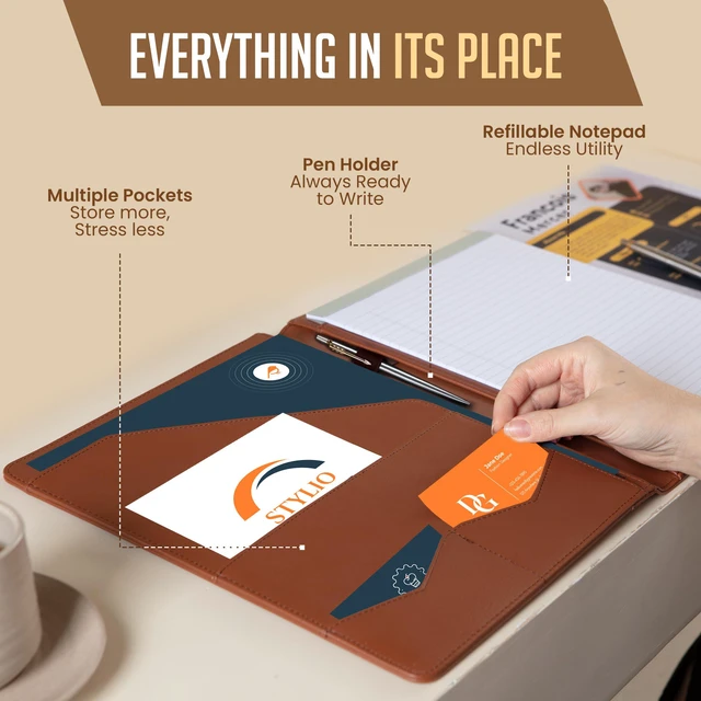 Alt view image 3 of 7 - Padfolio Portfolio Organizer Binder (Tan Color) | Interview Resume Folder, Document, Business Card Holder |w/Letter-Sized Notepad | Handsome Brown Faux Leather Folio Matte Finish