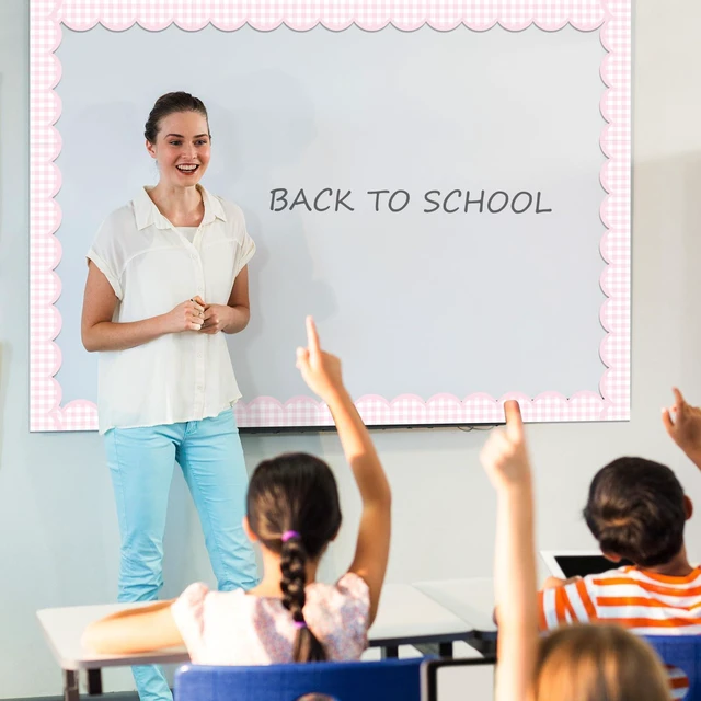 Alt view image 6 of 6 - 65ft Pink Gingham Bulletin Board Border Pastel Scalloped Bulletin Board Trim Back to School Classrooms Decoration for Party Whiteboard, Walls, Desks, Windows, Doors, Lockers