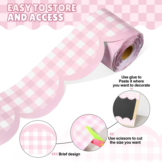 Alt view image 3 of 6 - 65ft Pink Gingham Bulletin Board Border Pastel Scalloped Bulletin Board Trim Back to School Classrooms Decoration for Party Whiteboard, Walls, Desks, Windows, Doors, Lockers