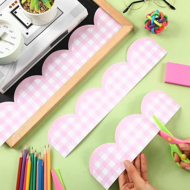 Alt view image 4 of 6 - 65ft Pink Gingham Bulletin Board Border Pastel Scalloped Bulletin Board Trim Back to School Classrooms Decoration for Party Whiteboard, Walls, Desks, Windows, Doors, Lockers