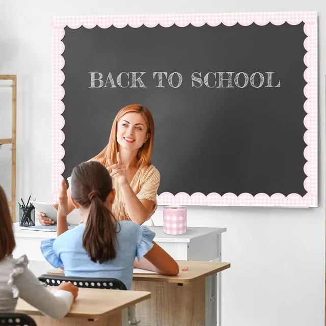 Alt view image 5 of 6 - 65ft Pink Gingham Bulletin Board Border Pastel Scalloped Bulletin Board Trim Back to School Classrooms Decoration for Party Whiteboard, Walls, Desks, Windows, Doors, Lockers