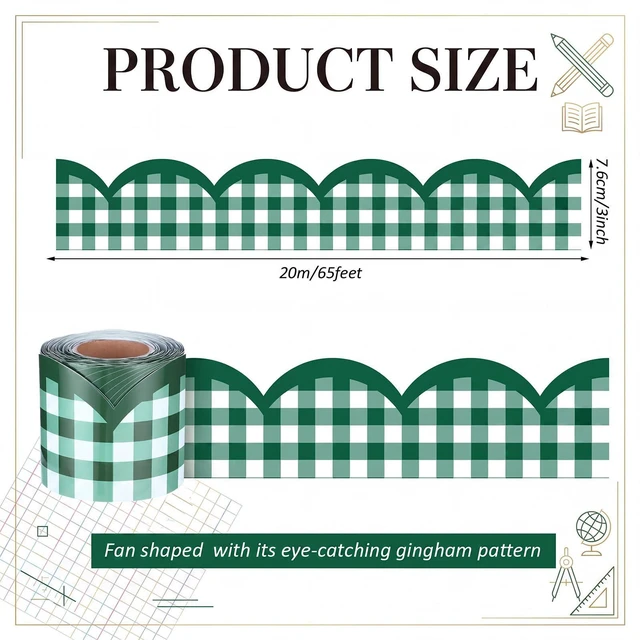 Alt view image 2 of 6 - 65ft Dark Green Gingham Bulletin Board Border, Scalloped Trim Classroom Decoration for Back to School, Whiteboard, Blackboard, Cork and Posterboard, Party, Office