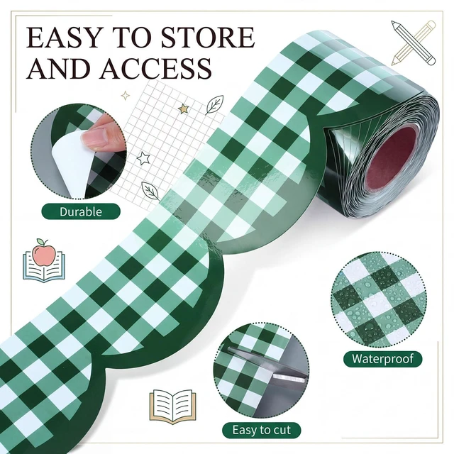 Alt view image 3 of 6 - 65ft Dark Green Gingham Bulletin Board Border, Scalloped Trim Classroom Decoration for Back to School, Whiteboard, Blackboard, Cork and Posterboard, Party, Office