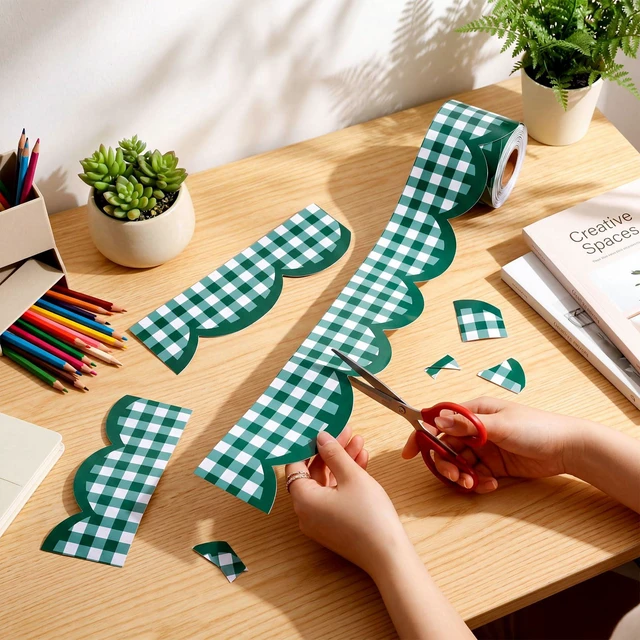 Alt view image 4 of 6 - 65ft Dark Green Gingham Bulletin Board Border, Scalloped Trim Classroom Decoration for Back to School, Whiteboard, Blackboard, Cork and Posterboard, Party, Office