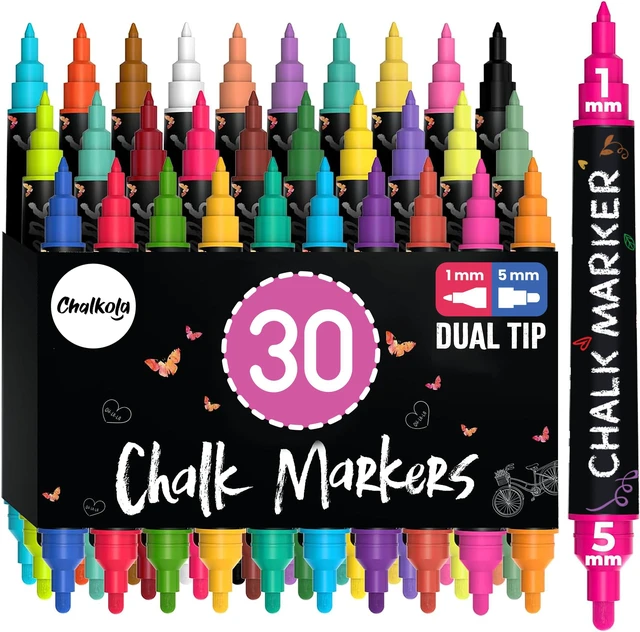 Main image of 30 Dual Tip Liquid Chalk Markers For Windows, Glass, Blackboard (30 Pack, 1mm Fine Tip +5mm Bold) - Wet Erase, Erasable Chalkboard Markers, Chalk Pen for Signs, Car, Wall Calendar, Board