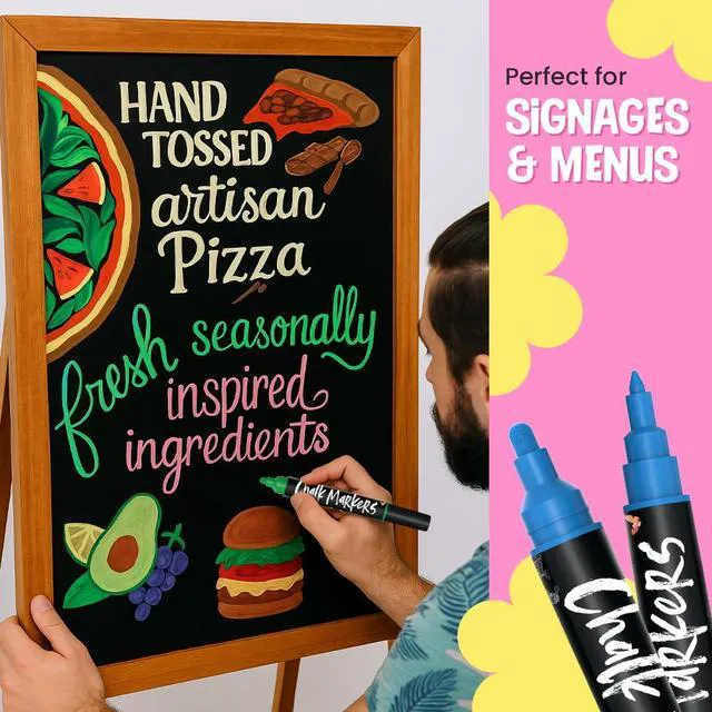 Alt view image 3 of 7 - 30 Dual Tip Liquid Chalk Markers For Windows, Glass, Blackboard (30 Pack, 1mm Fine Tip +5mm Bold) - Wet Erase, Erasable Chalkboard Markers, Chalk Pen for Signs, Car, Wall Calendar, Board
