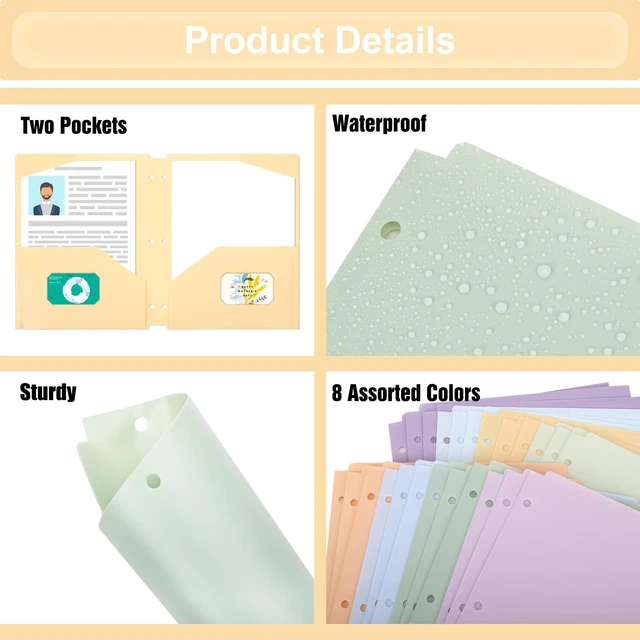 Alt view image 4 of 7 - 24pcs 3 Hole Punch Folders with 2 Pockets, Plastic File Folders for 3 Ring Binder, with Pocket and 2 Card Slots, Heavy Duty Poly Folders for School Office Supplies