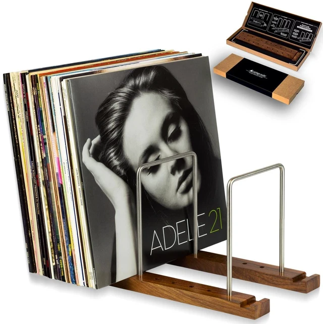 Main image of Vinyl Record Storage Holder, 75 LPs, Solid Walnut & Steel Adjustable Dividers, Gift-Boxed, Stable Record Storage