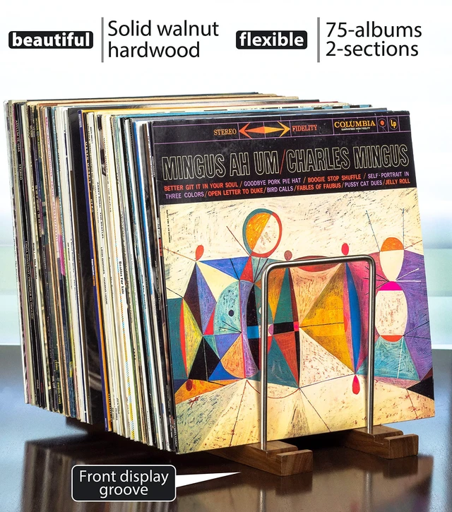 Alt view image 2 of 7 - Vinyl Record Storage Holder, 75 LPs, Solid Walnut & Steel Adjustable Dividers, Gift-Boxed, Stable Record Storage