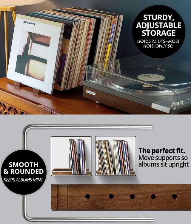 Alt view image 3 of 7 - Vinyl Record Storage Holder, 75 LPs, Solid Walnut & Steel Adjustable Dividers, Gift-Boxed, Stable Record Storage