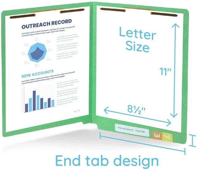 Alt view image 2 of 7 - 50 Green End Tab Fastener File Folders, Letter Size Durable 11pt Green Paper, Straight Cut End Tabs, 2 Prong Fasteners, Medical Files, Receipts, Office Reports