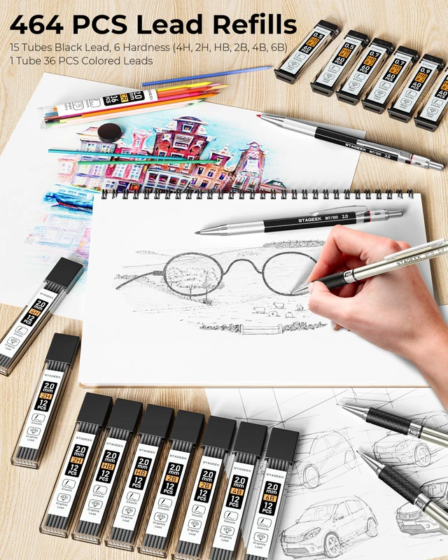 Alt view image 6 of 7 - 30PCS Mechanical Pencil Set with Leather Bag, 0.5, 0.7, 0.9 2mm Drawing Pencils with 464PCS Lead Refills (6B 4B 2B HB 2H 4H Color), Erasers, Sharpeners, Artist Pencil for Sketching Drafting