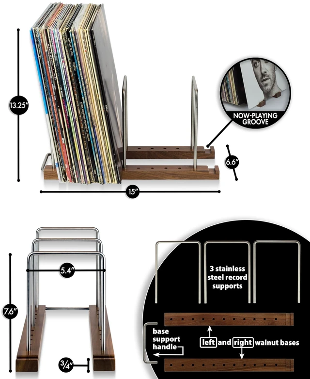 Alt view image 4 of 7 - Vinyl Record Storage Holder, 75 LPs, Solid Walnut & Steel Adjustable Dividers, Gift-Boxed, Stable Record Storage