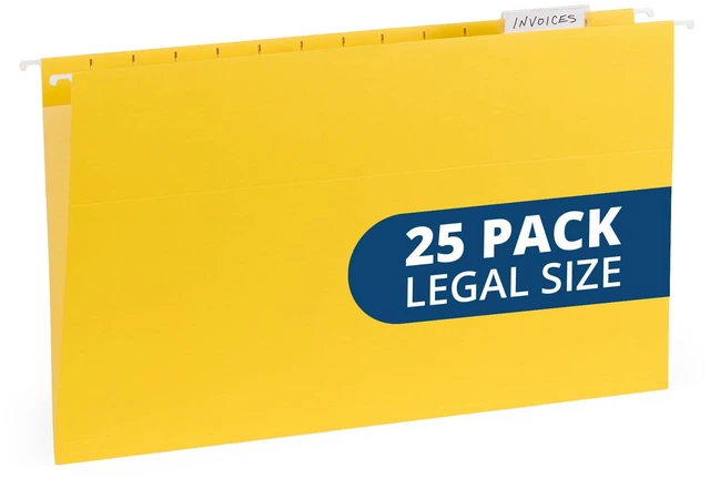 Main image of 25 Hanging File Folders, Legal Size, Yellow Reinforced 11pt, 1/5 Cut Tabs, Plastic Tabs and Inserts Included, for Filing Cabinet, Home, and Office Use