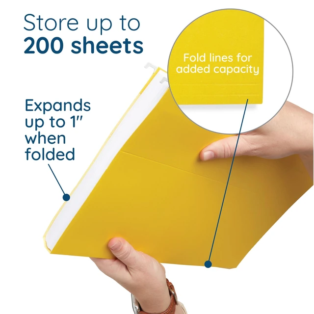 Alt view image 4 of 7 - 25 Hanging File Folders, Legal Size, Yellow Reinforced 11pt, 1/5 Cut Tabs, Plastic Tabs and Inserts Included, for Filing Cabinet, Home, and Office Use