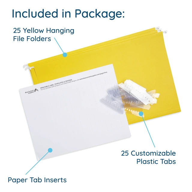 Alt view image 3 of 7 - 25 Hanging File Folders, Legal Size, Yellow Reinforced 11pt, 1/5 Cut Tabs, Plastic Tabs and Inserts Included, for Filing Cabinet, Home, and Office Use