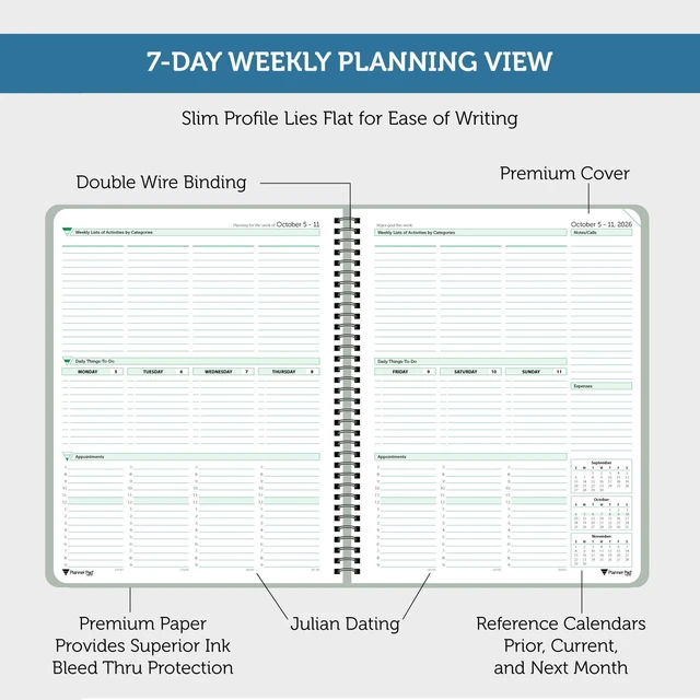 Alt view image 4 of 6 - Spiral Bound October 2026 September 2027 8 1/2" x 11" Large 3-Tier Funnel Down 12 Month/Weekly Organizer, Greenish Grey Cover/Soft Green Ink