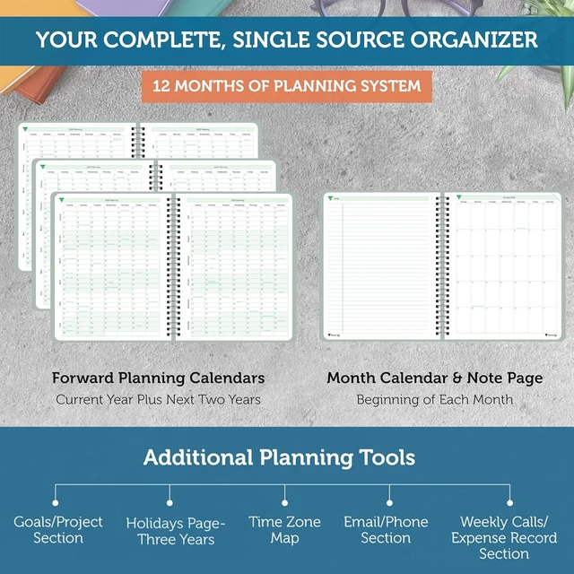 Alt view image 5 of 6 - Spiral Bound October 2026 September 2027 8 1/2" x 11" Large 3-Tier Funnel Down 12 Month/Weekly Organizer, Greenish Grey Cover/Soft Green Ink