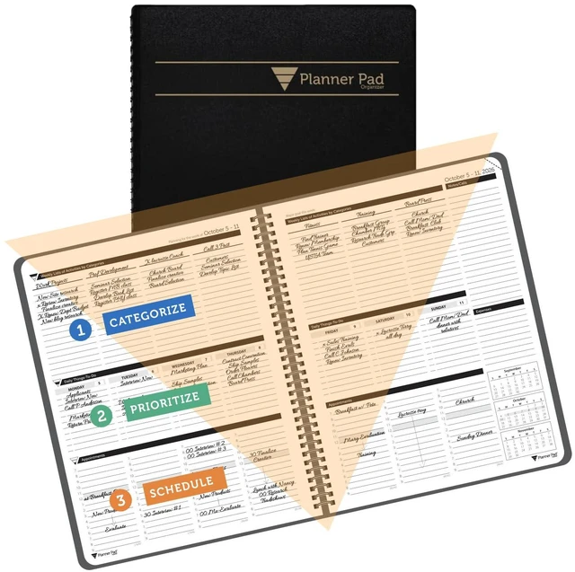 Main image of Spiral Bound October 2026 September 2027 8 1/2" x 11" Large 3-Tier Funnel Down 12 Month/Weekly Organizer, Black Cover/Black Ink