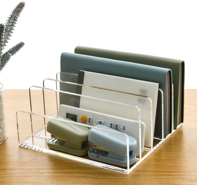 Alt view image 3 of 7 - 5 Compartments Clear Acrylic Mail Holder Vertical Letter Sorter & Multifunction Desk Organizer for Bills, Documents, Notebooks Modern Office/Home Envelope File Rack (Pack of 2)