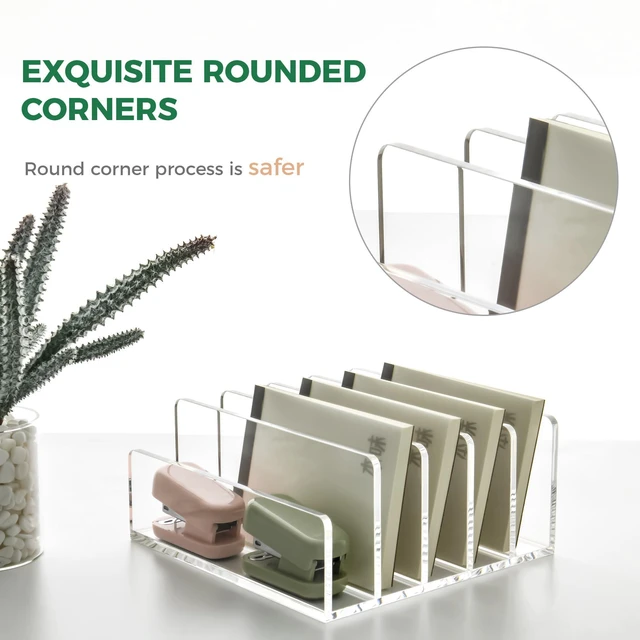 Alt view image 5 of 7 - 5 Compartments Clear Acrylic Mail Holder Vertical Letter Sorter & Multifunction Desk Organizer for Bills, Documents, Notebooks Modern Office/Home Envelope File Rack (Pack of 2)