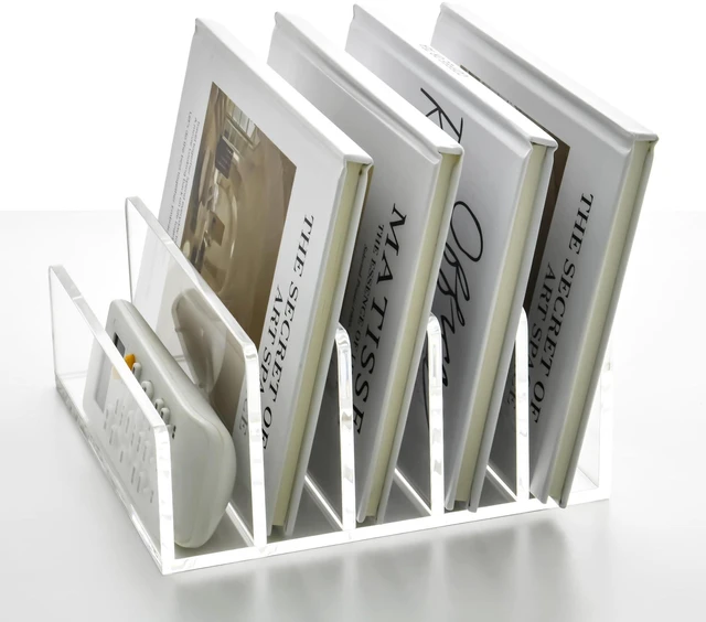 Alt view image 6 of 7 - 5 Compartments Clear Acrylic Mail Holder Vertical Letter Sorter & Multifunction Desk Organizer for Bills, Documents, Notebooks Modern Office/Home Envelope File Rack (Pack of 2)