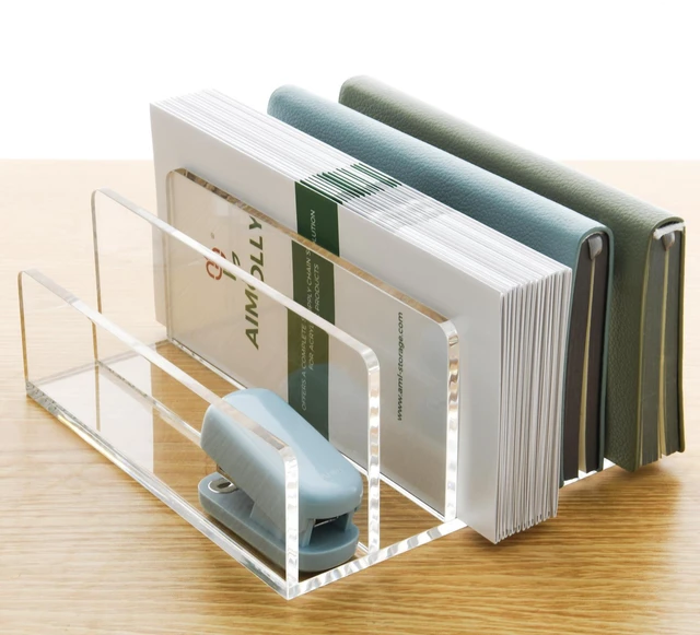 Alt view image 7 of 7 - 5 Compartments Clear Acrylic Mail Holder Vertical Letter Sorter & Multifunction Desk Organizer for Bills, Documents, Notebooks Modern Office/Home Envelope File Rack (Pack of 2)