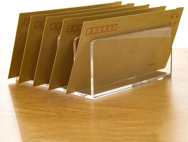 Alt view image 4 of 7 - 5 Compartments Clear Acrylic Mail Holder Vertical Letter Sorter & Multifunction Desk Organizer for Bills, Documents, Notebooks Modern Office/Home Envelope File Rack (Pack of 2)