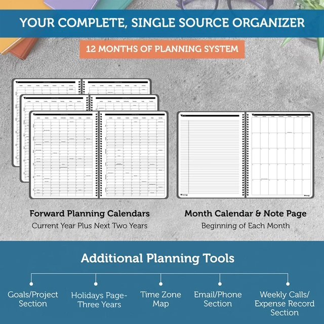 Alt view image 5 of 6 - Spiral Bound October 2026 September 2027 8 1/2" x 11" Large 3-Tier Funnel Down 12 Month/Weekly Organizer, Black Cover/Black Ink