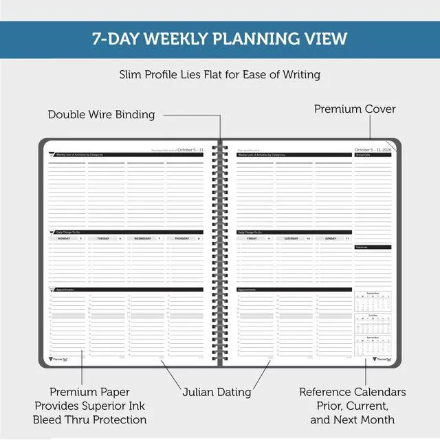 Alt view image 4 of 6 - Spiral Bound October 2026 September 2027 8 1/2" x 11" Large 3-Tier Funnel Down 12 Month/Weekly Organizer, Black Cover/Black Ink