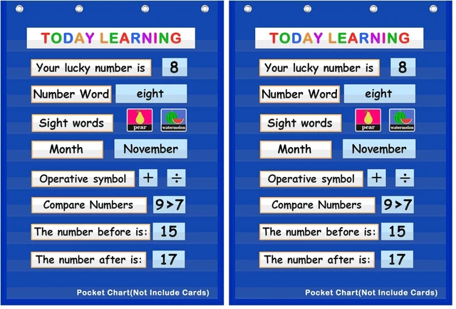 Main image of Standard Pocket Chart for Classroom & Homeschool, Heavy Duty Hanging 10-Pocket Chart for Word Wall/Letter Cards/Sentence Strips, Teacher Supplies, 43" H x 28" W, Blue (Pack of 2)