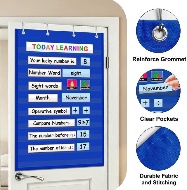Alt view image 6 of 7 - Standard Pocket Chart for Classroom & Homeschool, Heavy Duty Hanging 10-Pocket Chart for Word Wall/Letter Cards/Sentence Strips, Teacher Supplies, 43" H x 28" W, Blue (Pack of 2)
