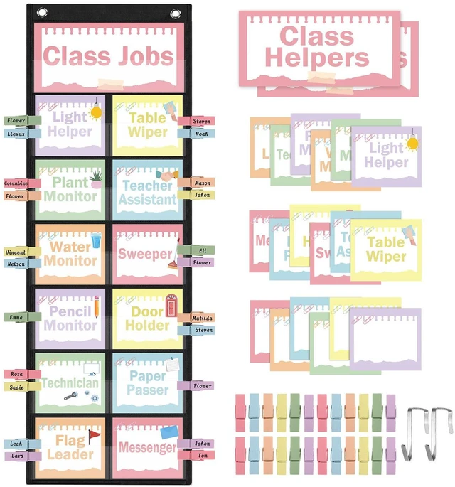 Main image of Pastel Class Jobs Pocket Chart Class Helpers Pocket Chart Classroom Jobs Cards with Clips and Hooks Teacher Helper Bulletin Board Set, for Back to School Classroom Teacher Supplies