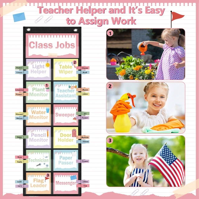 Alt view image 6 of 7 - Pastel Class Jobs Pocket Chart Class Helpers Pocket Chart Classroom Jobs Cards with Clips and Hooks Teacher Helper Bulletin Board Set, for Back to School Classroom Teacher Supplies