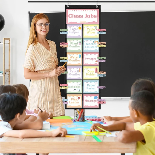 Alt view image 7 of 7 - Pastel Class Jobs Pocket Chart Class Helpers Pocket Chart Classroom Jobs Cards with Clips and Hooks Teacher Helper Bulletin Board Set, for Back to School Classroom Teacher Supplies