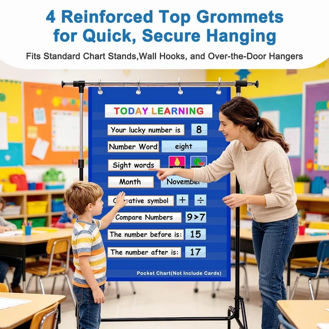 Alt view image 7 of 7 - Standard Pocket Chart for Classroom & Homeschool, Heavy Duty Hanging 10-Pocket Chart for Word Wall/Letter Cards/Sentence Strips, Teacher Supplies, 43" H x 28" W, Blue (Pack of 2)