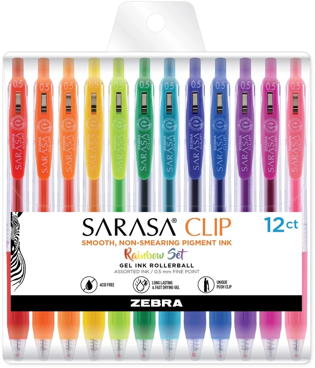 Main image of SARASA Clip Retractable Gel Pen, Rainbow Assorted Ink, 12-Pack Fine 0.5mm Point Tip, Vibrant Ink, Ideal for Planners, School and Office Supplies, Journaling and Note-Taking (44100)