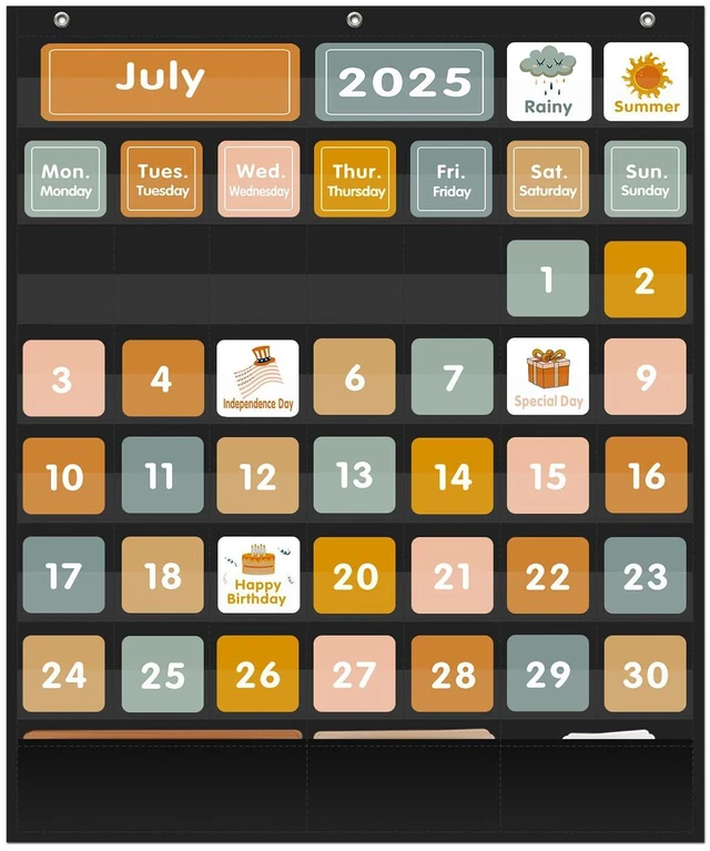 Main image of Boho 46+3 Pockets Calendar Pocket Chart with 92 Cards for Classroom,Large Size: 28.75 x 24 inch Black Monthly Calendar and Weather Pocket Chart for Students Learning for Home or School