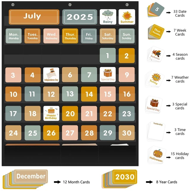 Alt view image 2 of 7 - Boho 46+3 Pockets Calendar Pocket Chart with 92 Cards for Classroom,Large Size: 28.75 x 24 inch Black Monthly Calendar and Weather Pocket Chart for Students Learning for Home or School